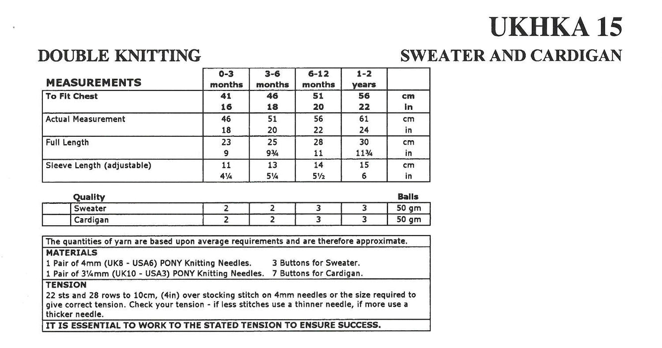 UKHKA 15 Double Knitting Pattern - DK Baby Sweater & Cardigan (0 to 2 Yrs)