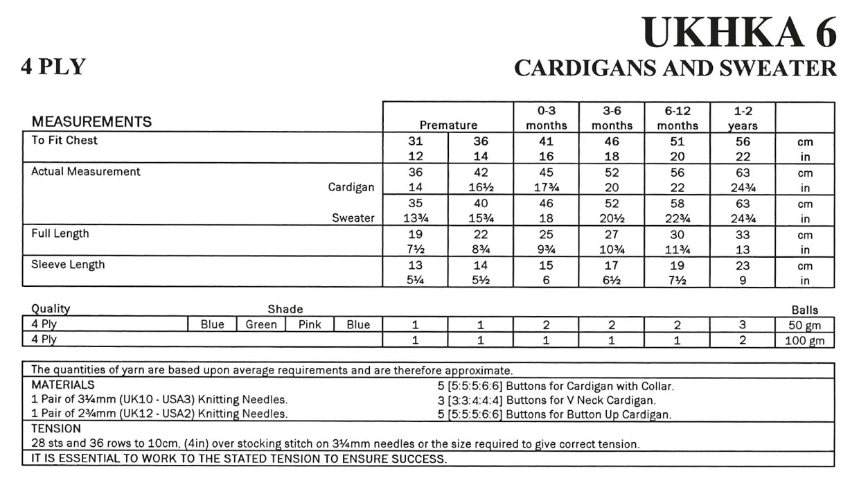 UKHKA 6 4Ply Knitting Pattern - Baby Cardigans & Jumpers (Prem to 2 years)