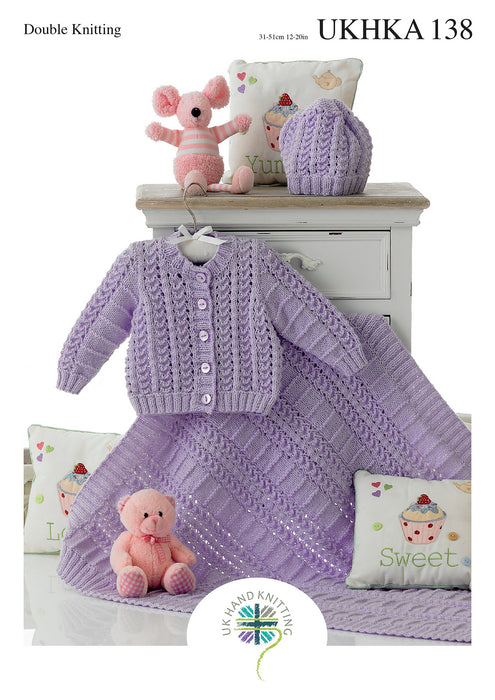 UKHKA 138 Double Knitting Pattern - DK Baby Cardigan, Hat & Blanket (Premature to 12mnths)