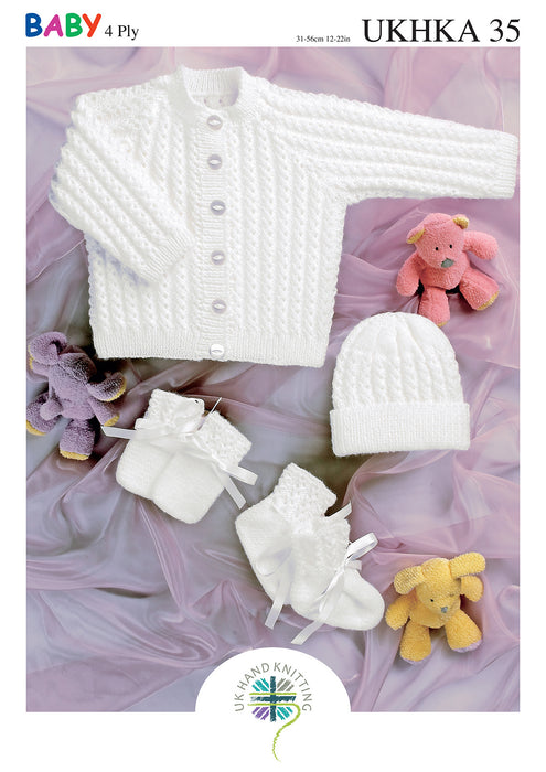 UKHKA 35 4Ply Knitting Pattern - Baby Jacket, Hat, Mittens & Bootees (Prem to 2 years)