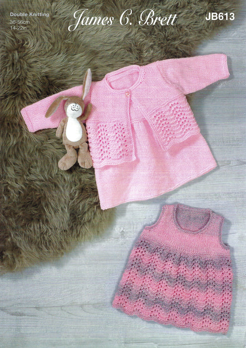 James C Brett JB613 Double Knitting Pattern - Baby Pinafores and Cropped Cardigan DK (14-22 in) - Discontinued