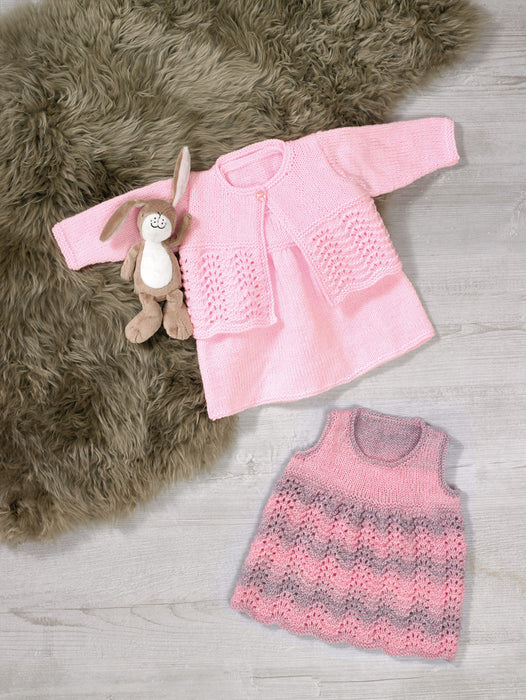 James C Brett JB613 Double Knitting Pattern - Baby Pinafores and Cropped Cardigan DK (14-22 in) - Discontinued