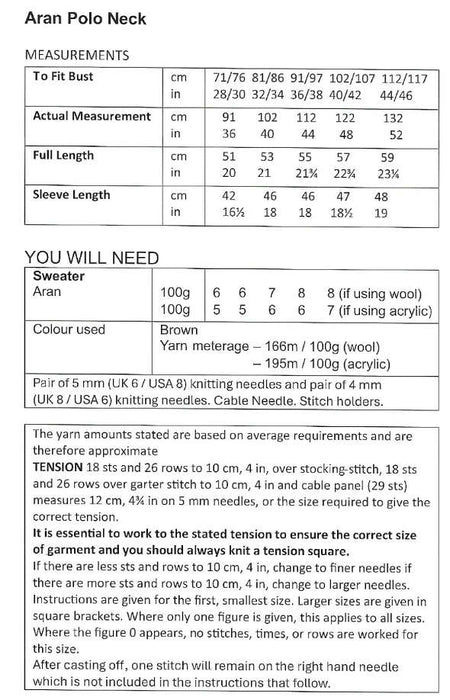 UKHKA 262 Aran Knitting Pattern for Ladies Polo Neck Sweater (28-46 in)