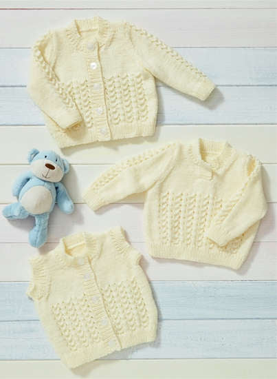 UKHKA 222 Double Knitting Pattern - DK Baby Cardigan, Waistcoat and Sweater (14-22in)