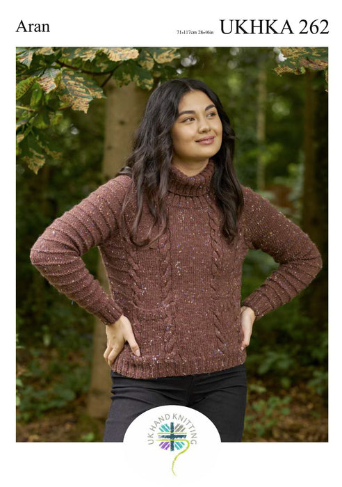 UKHKA 262 Aran Knitting Pattern for Ladies Polo Neck Sweater (28-46 in)