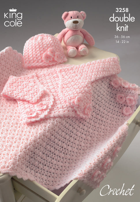 King Cole 3258 CROCHET Pattern - Baby Bolero, Hat and Pram Blanket