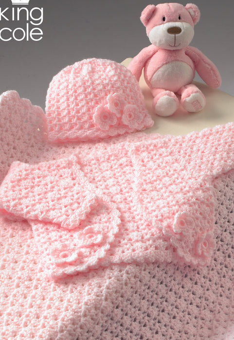 King Cole 3258 CROCHET Pattern - Baby Bolero, Hat and Pram Blanket