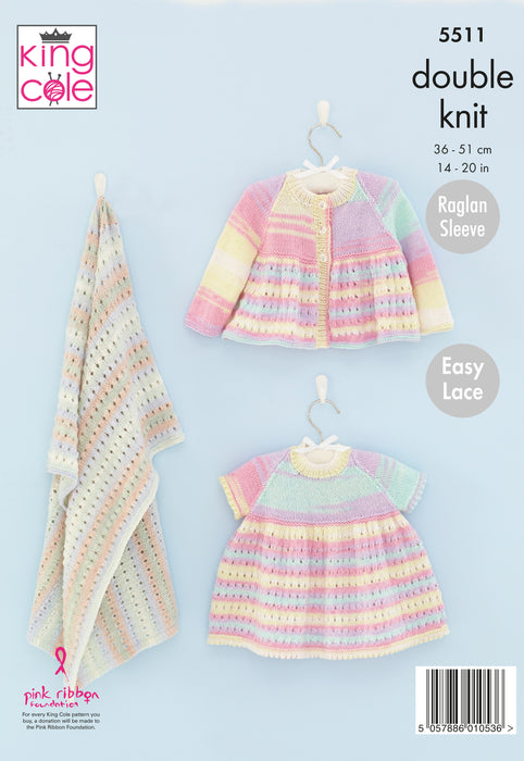 King Cole 5511 Double Knitting Pattern - Easy Knit - DK Baby Dress, Matinee Coat & Blanket