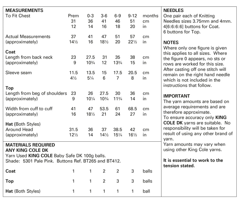 King Cole 5771 Double Knitting Pattern - DK Baby Coat, Top & Hats (Prem - 1 year) - Discontinued