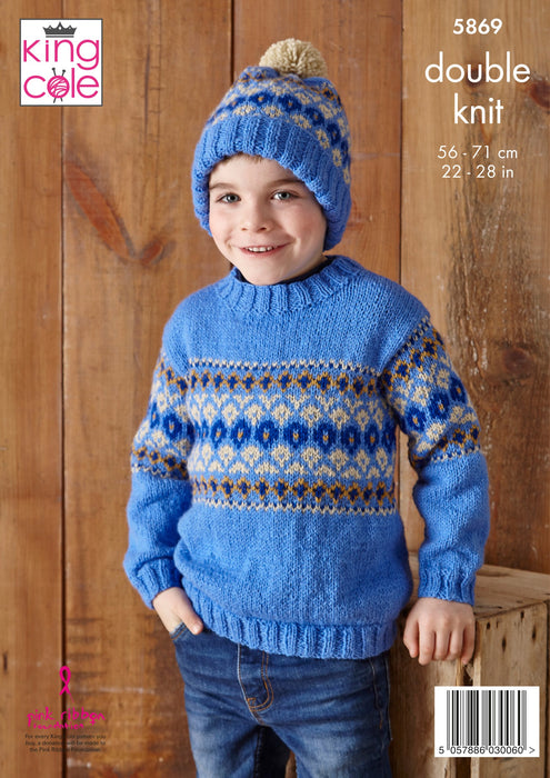 King Cole 5869 Double Knitting Pattern for Children - DK Sweaters, Cardigan and Hat (3-11 Years)