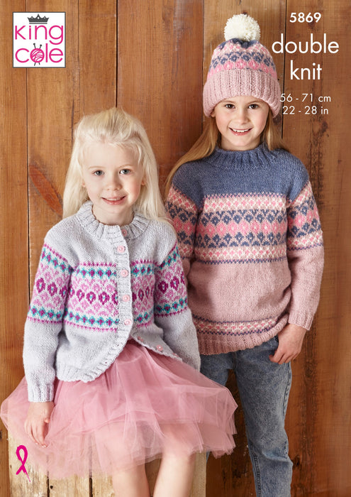 King Cole 5869 Double Knitting Pattern for Children - DK Sweaters, Cardigan and Hat (3-11 Years)