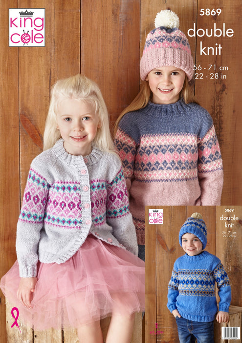 King Cole 5869 Double Knitting Pattern for Children - DK Sweaters, Cardigan and Hat (3-11 Years)