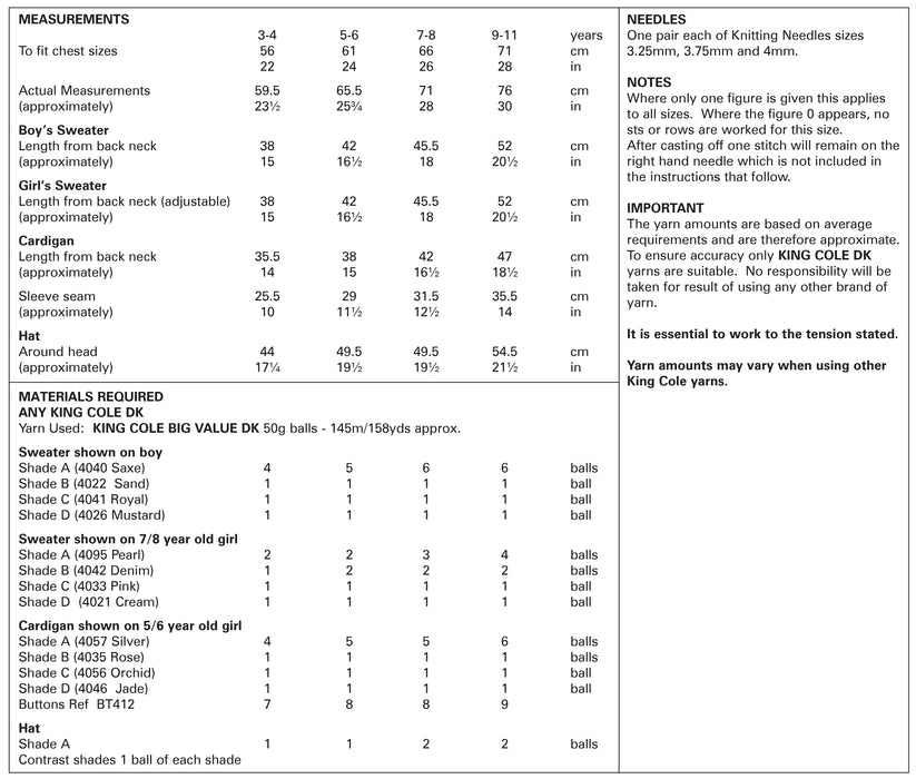 King Cole 5869 Double Knitting Pattern for Children - DK Sweaters, Cardigan and Hat (3-11 Years)