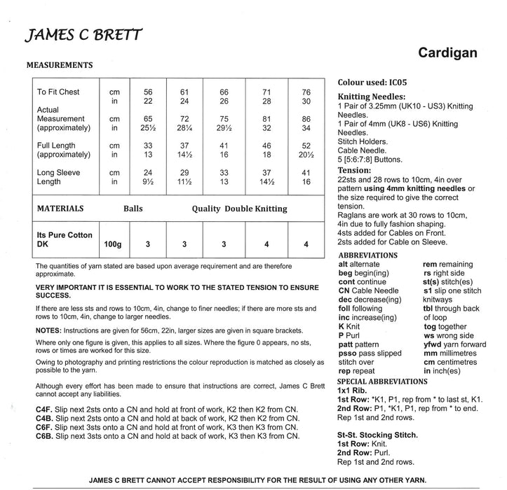 James C Brett JB598 Double Knitting Pattern - Children's Cotton DK Cardigan